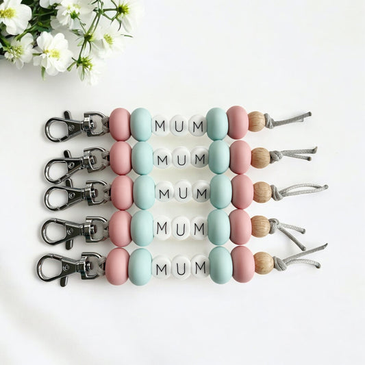 MUM PINk SEAGLASS SILICONE BEAD KEYRING