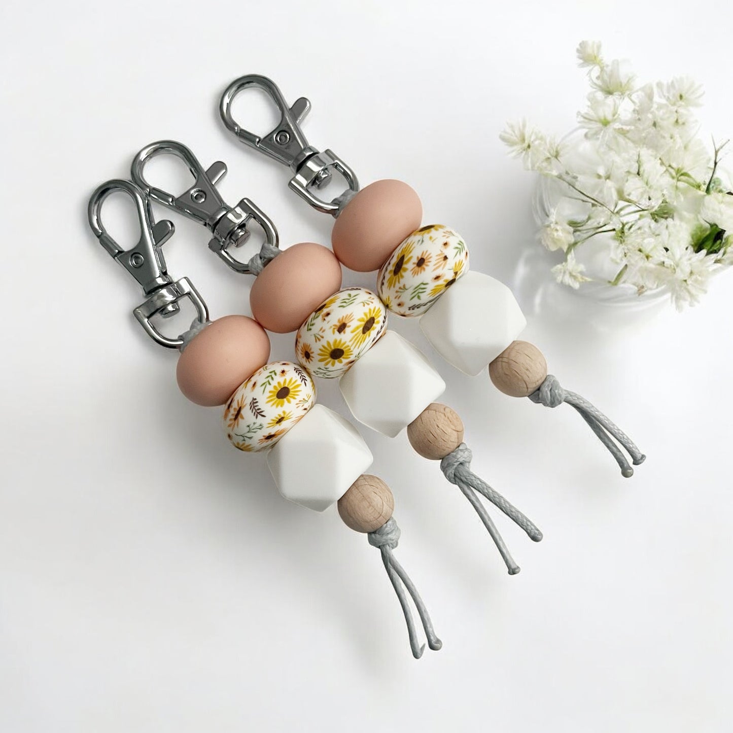 PEACH SUNFLOWER SILICONE BEAD KEYRING