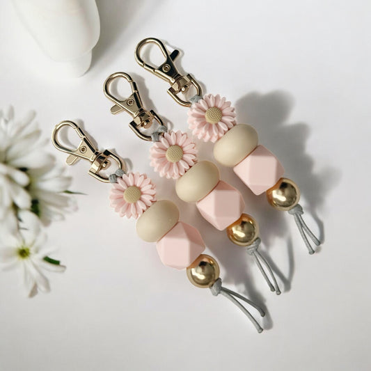 PINK DAISY & GOLD SILICONE BEAD KEYRING