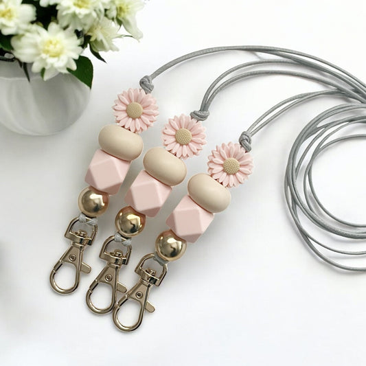 PINK DAISY & GOLD SILICONE BEAD LANYARD