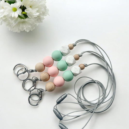 WOOD PINK MINT WHITE SPECK SILICONE BEAD LANYARD