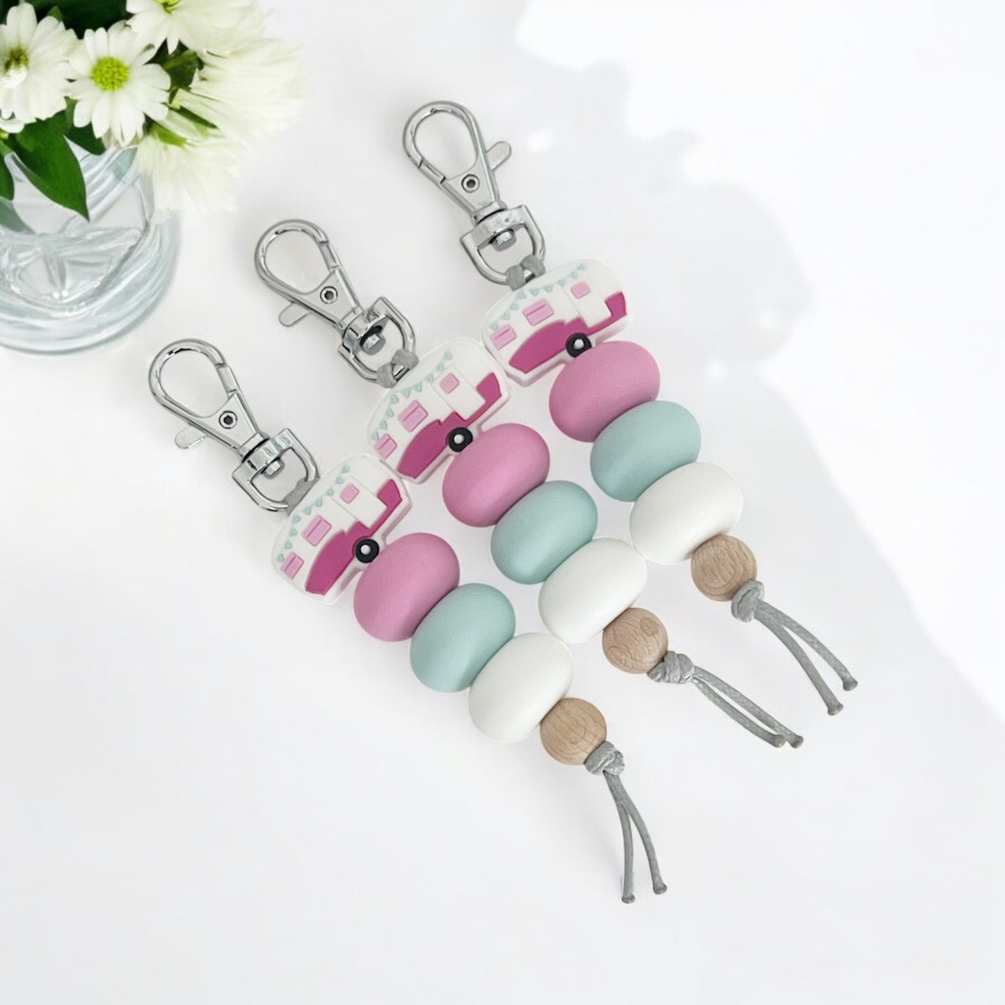 PINK CARAVAN SILVER HARDWARE SILICONE BEAD KEYRING