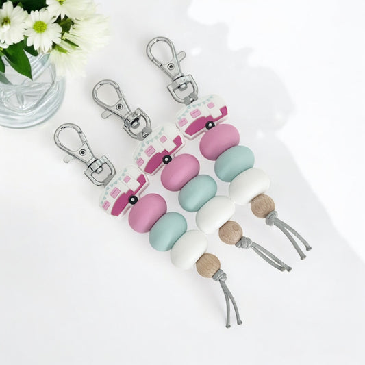 PINK CARAVAN SILVER HARDWARE SILICONE BEAD KEYRING