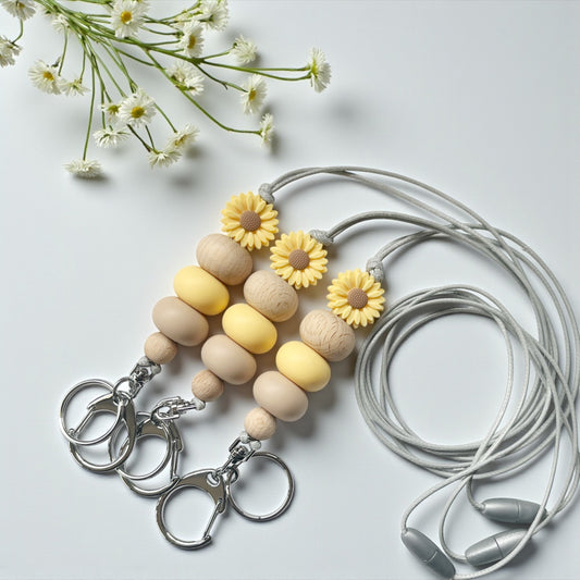 YELLOW DAISY & WOOD SILICONE BEAD LANYARD