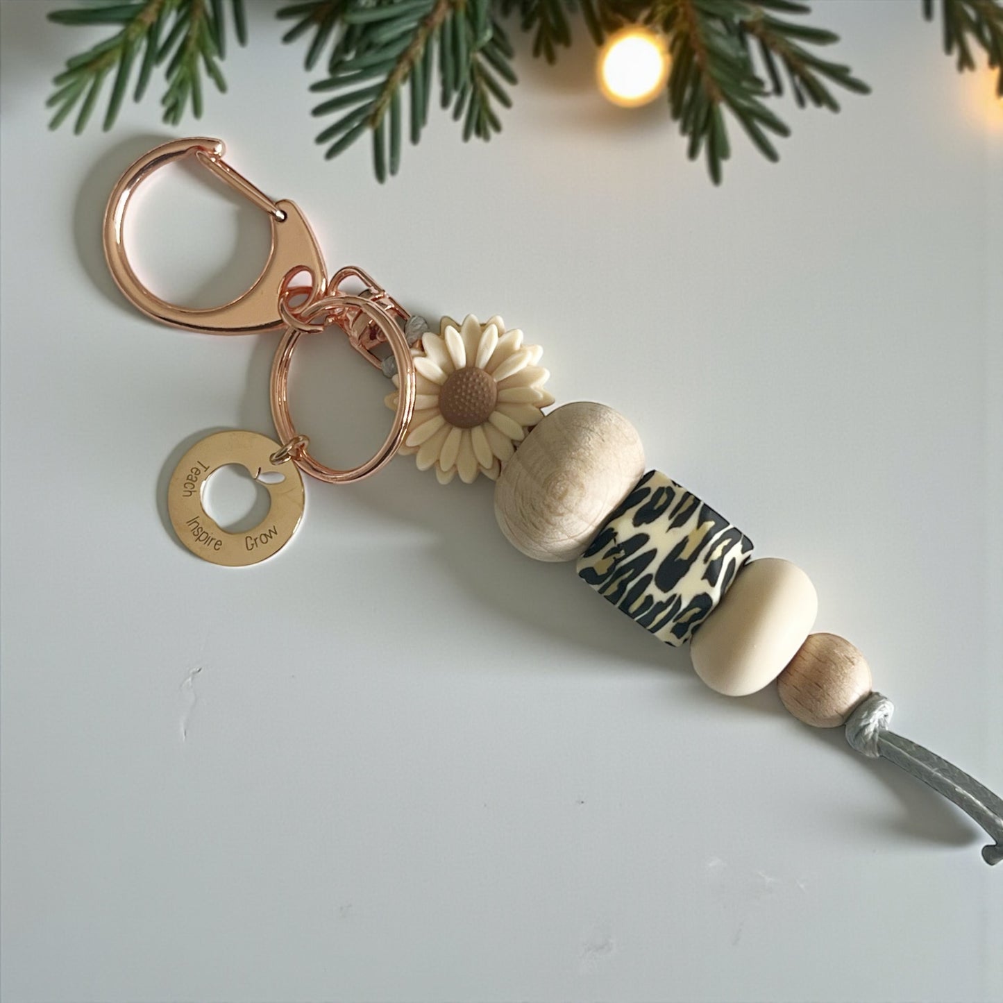 Teach Inspire Rose Gold Oatmeal Daisy  SILICONE BEAD KEYRING