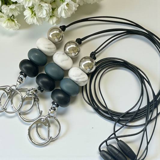 BLACK STORM MARBLE SILICONE BEAD LANYARD