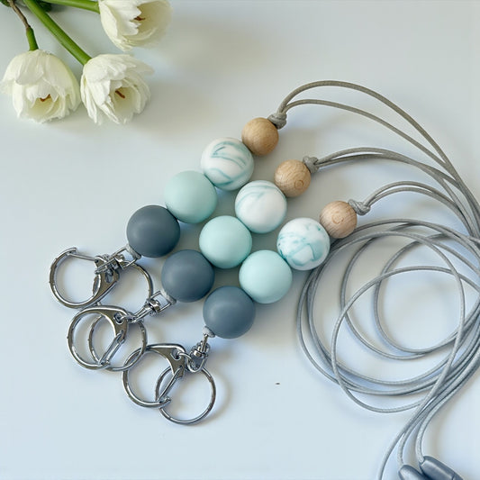 GREY SEAGLASS TEAL MARBLE SILICONE BEAD LANYARD