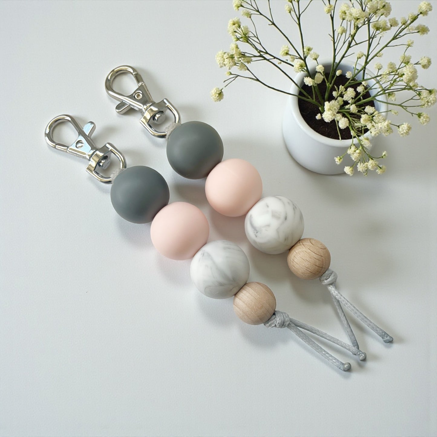 Grey Pink Marble SILICONE BEAD KEYRING