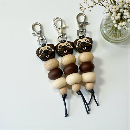 BROWN  PUG SILICONE BEAD KEYRING