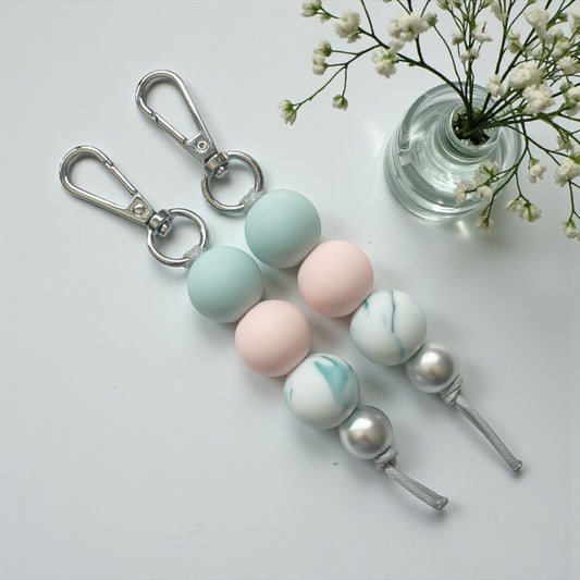 SEAGLASS PINK TEAL MARBLE SILICONE BEAD KEYRING