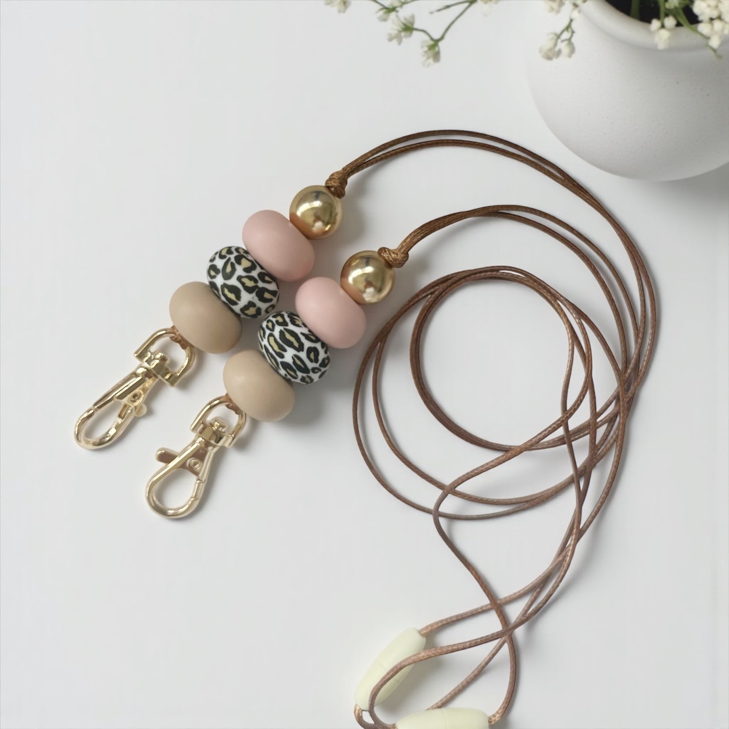 BEIGE LEOPARD PINK SILICONE BEAD Gold LANYARD