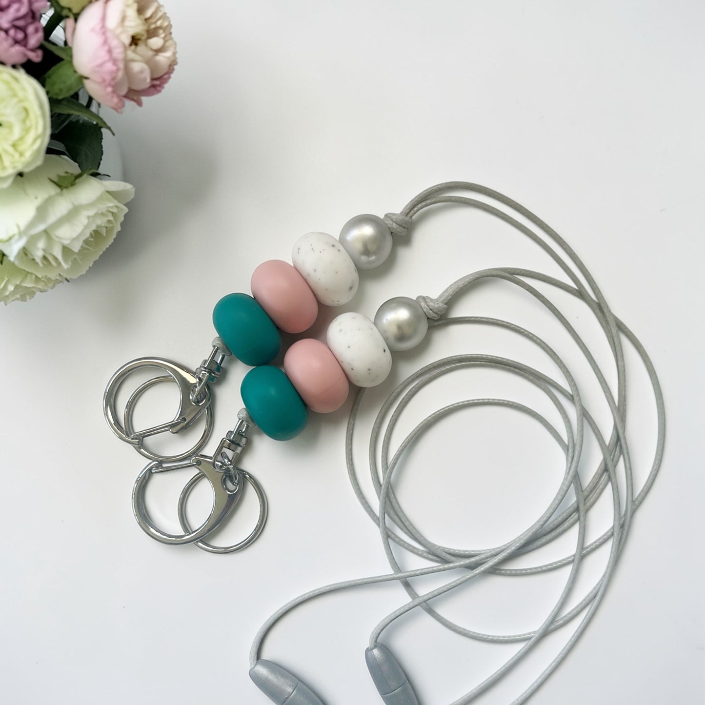 FOREST GREEN & VINTAGE PINK SILICONE BEAD LANYARD