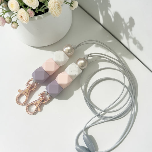 MAUVE PINK WHITE SPECK SILICONE BEAD LANYARD
