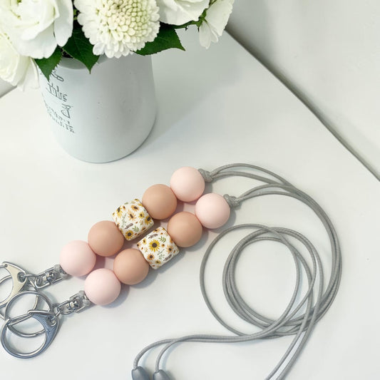 PINK PEACH SUNFLOWER  SILICONE BEAD LANYARD