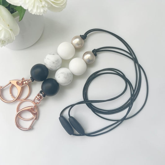 BLACK MARBLE ROSEGOLD SILICONE BEAD LANYARD