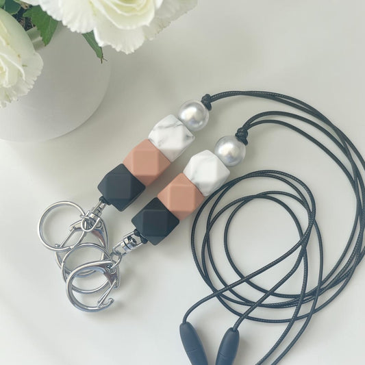 BLACK CLAY MARBLE HEX SILICONE BEAD LANYARD