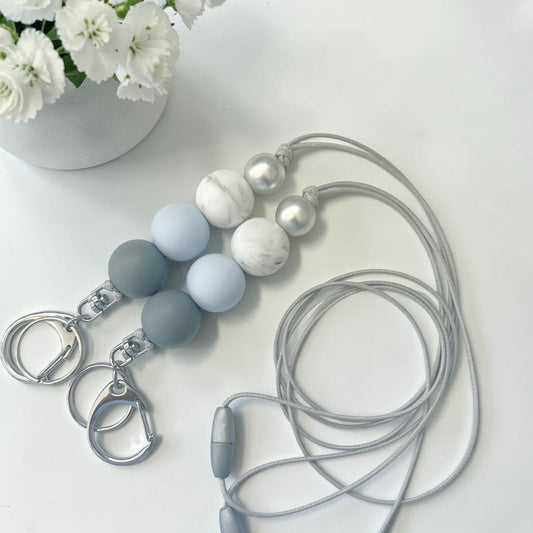 GREY BLUE MARBLE SILICONE BEAD LANYARD