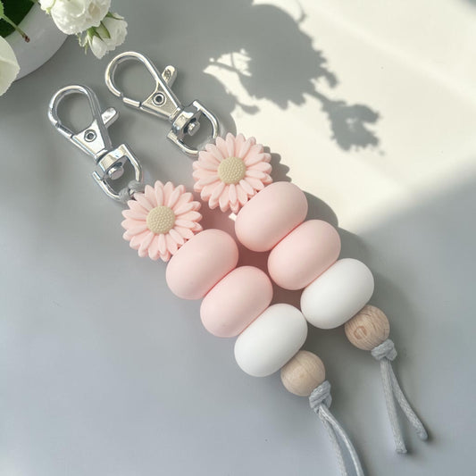 PINK DAISY SILICONE BEAD KEYRING